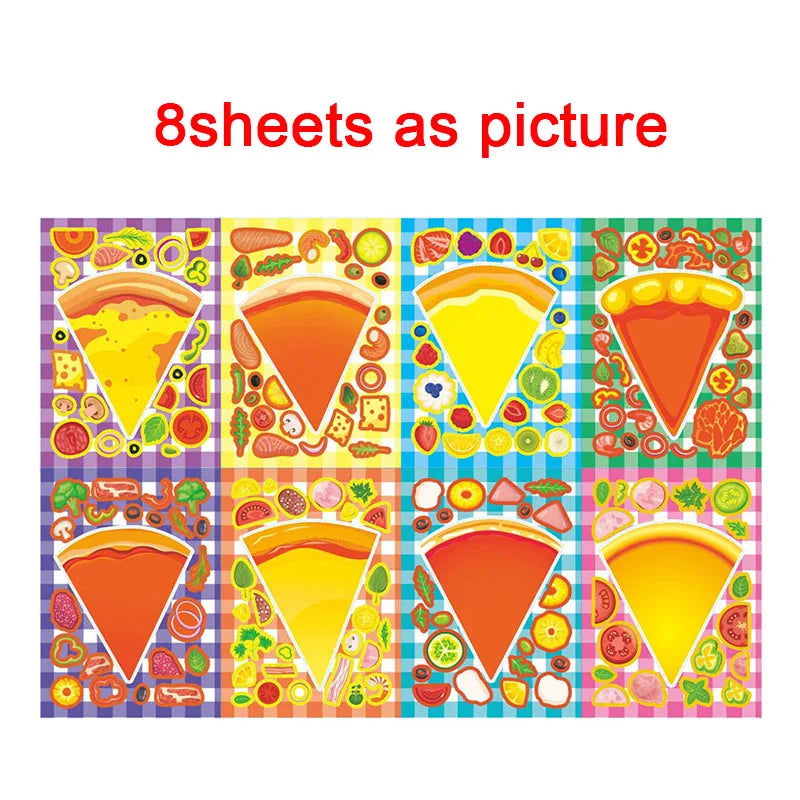 Eight sheets of colorful pizza-themed stickers arranged in a grid pattern.