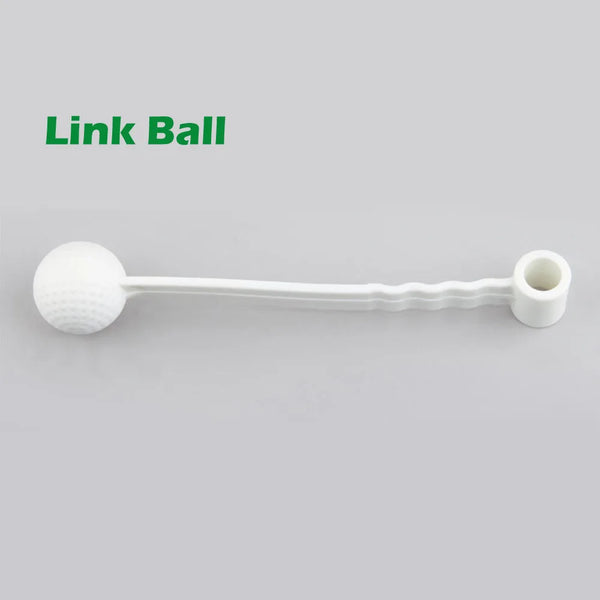 Ein weißer Link Ball Golfschwung-Trainer mit einem Ball an einem Stab.