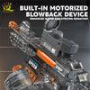 A close-up view of a built-in motorized blowback device water gun featuring an orange and black design.