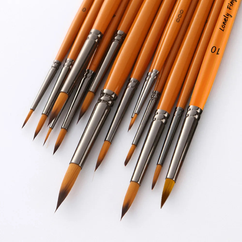 A set of ten round paint brushes with wooden handles and metal ferrules, shown diagonally on a white background.