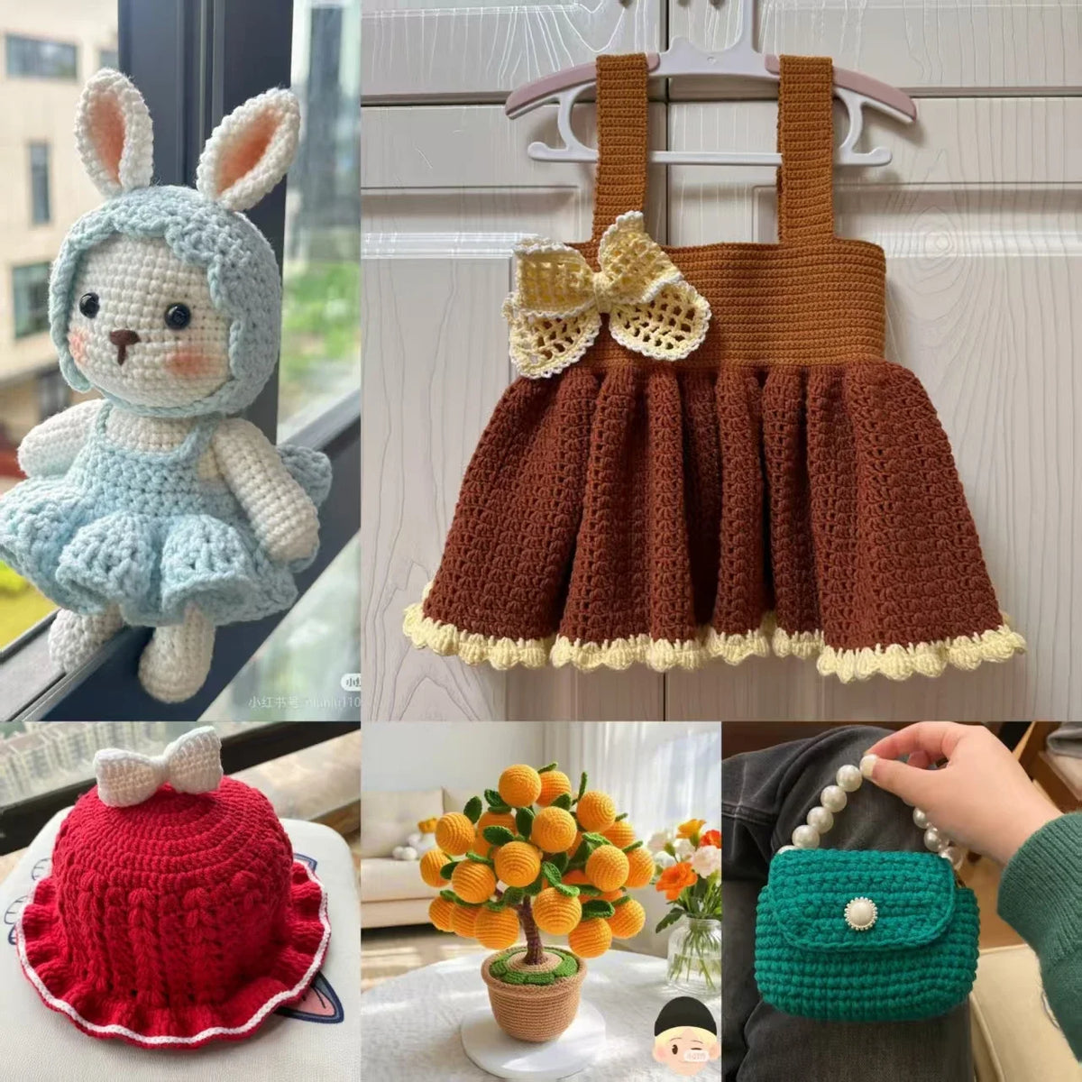 A collection of knitted and crocheted items including a rabbit toy, a brown skirt, a red hat, and a green pouch.