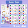 A set of 12 pages of unicorn themed watercolor painting sheets with a pen and pencil.