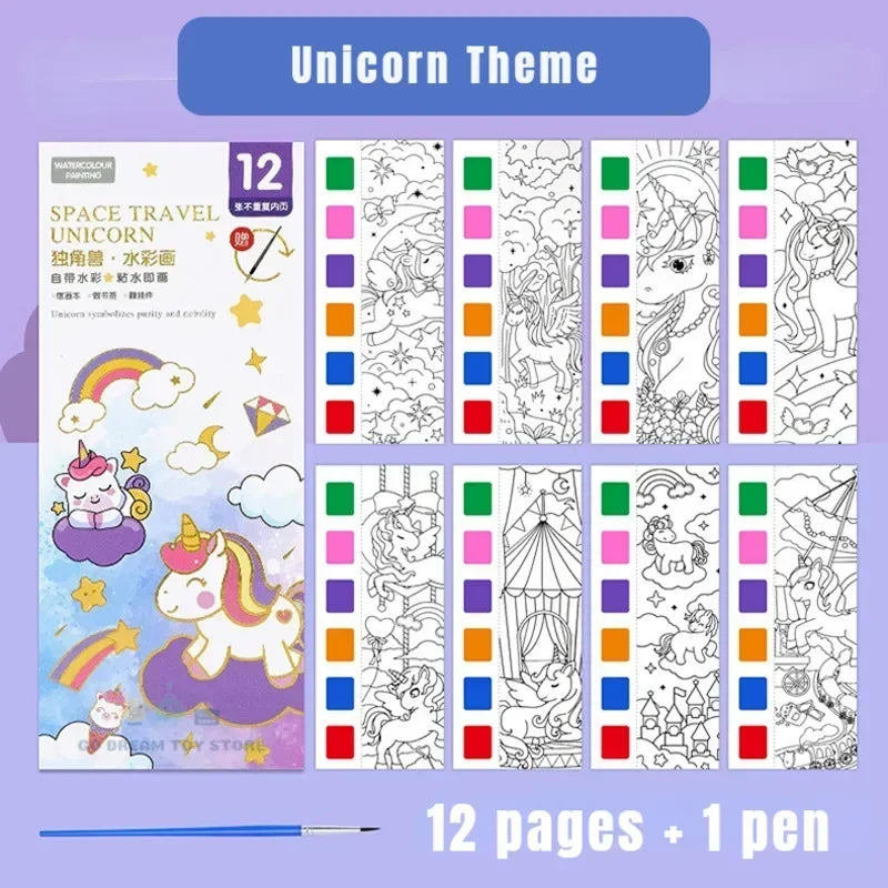 A set of 12 pages of unicorn themed watercolor painting sheets with a pen and pencil.