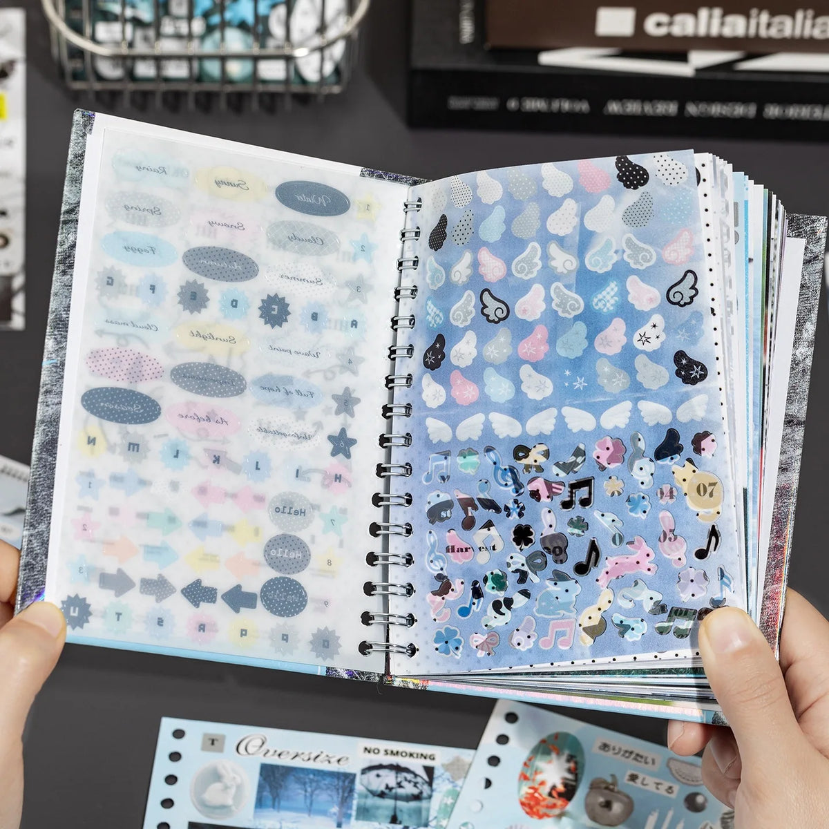 A set of kawaii K-pop stickers and photocards featuring pastel colors and cute designs for journaling and crafts.