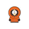An enamel pin featuring a cartoon character with large eyes and an orange hood.
