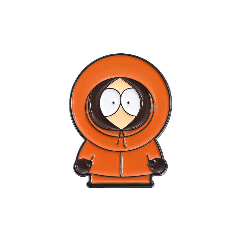 An enamel pin featuring a cartoon character with large eyes and an orange hood.
