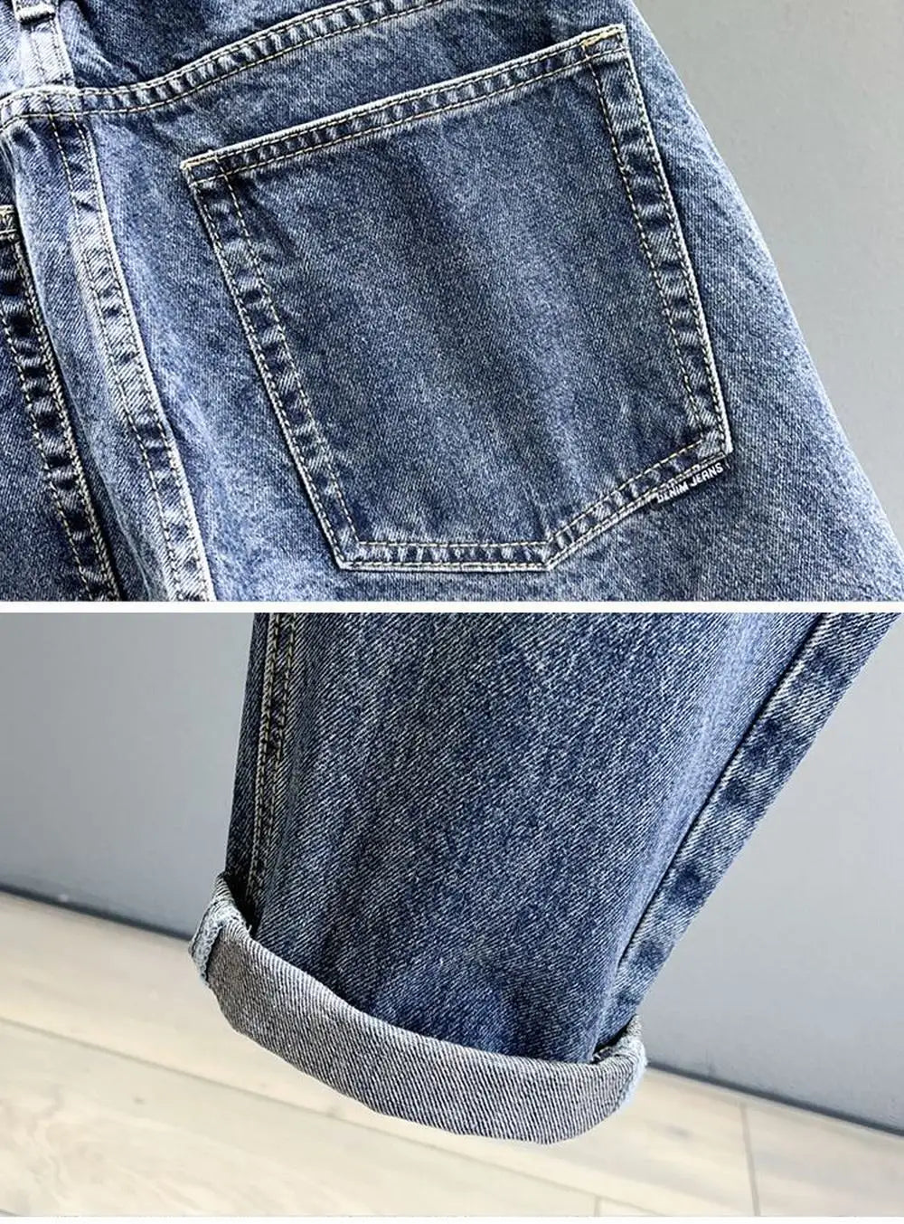 Close-up of blue denim jeans showing the texture and pocket detail.