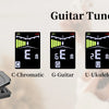 A guitar tuner clip with a color display showing tuning information for various instruments like guitar, bass, ukulele, and v