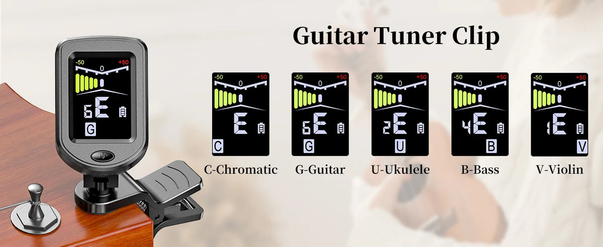 A guitar tuner clip with a color display showing tuning information for various instruments like guitar, bass, ukulele, and v