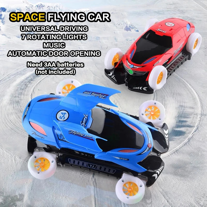 A red and blue flying car toy with rotating lights and an automatic door opening feature on a white surface.