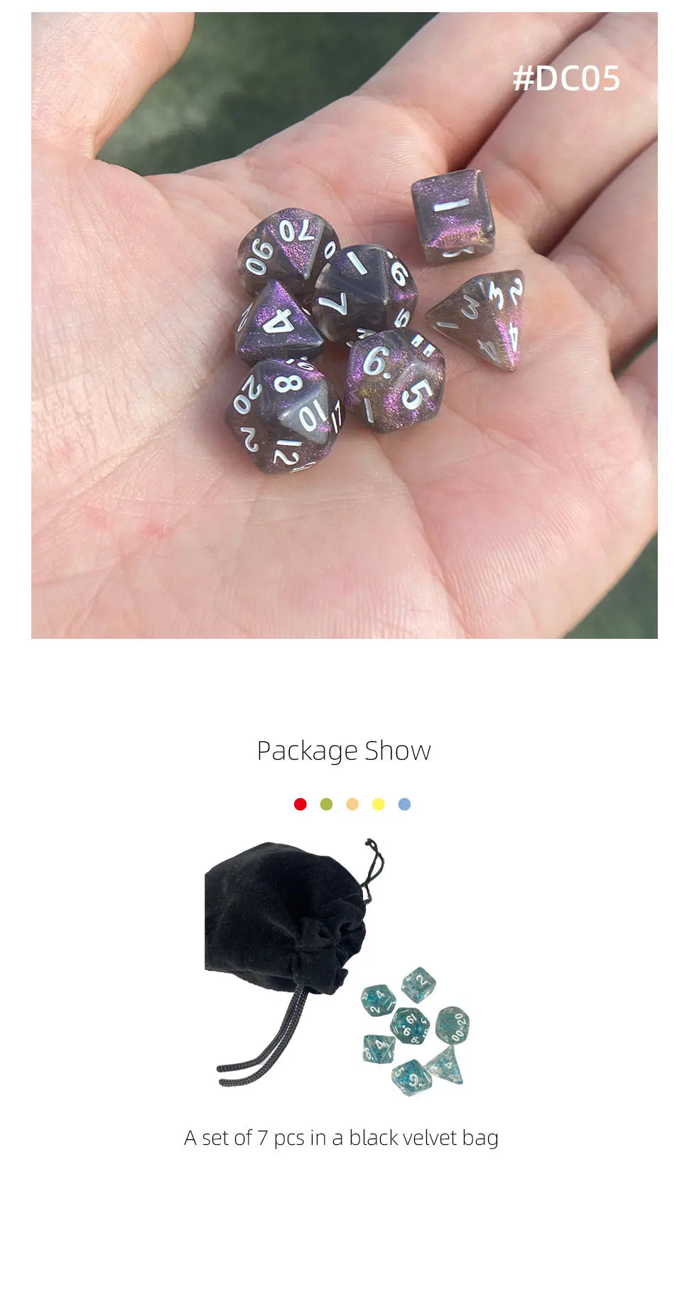 A set of seven iridescent acrylic polyhedral dice in a black velvet bag