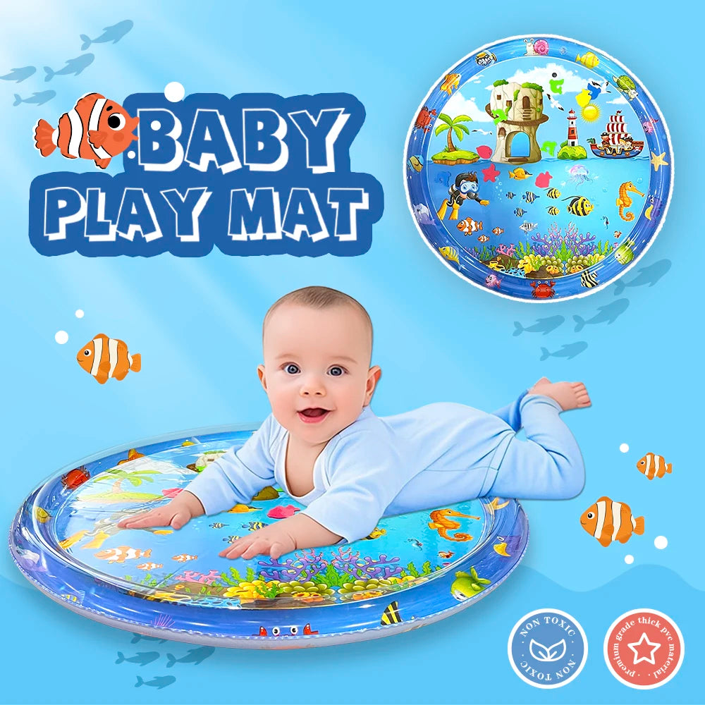 A circular blue baby play mat featuring colorful fish and sea animals for early learning activities.