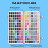 A watercolor paint set featuring 168 colors including classic, metallic, fluorescent, and macaron shades.