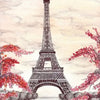 Watercolor painting of the Eiffel Tower framed by red foliage against a soft sky.