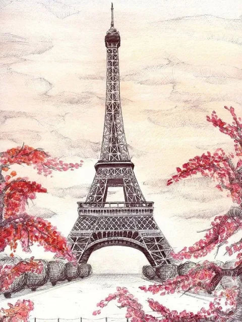 Watercolor painting of the Eiffel Tower framed by red foliage against a soft sky.