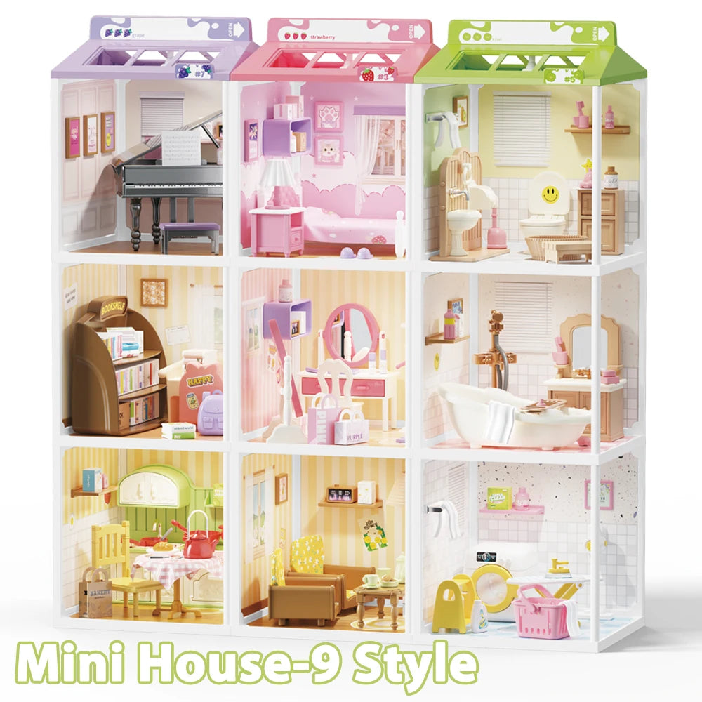 A multi-level miniature dollhouse set featuring nine themed rooms with furniture and accessories.