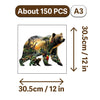 A jigsaw puzzle depicting a bear and various other animals on a wooden board.