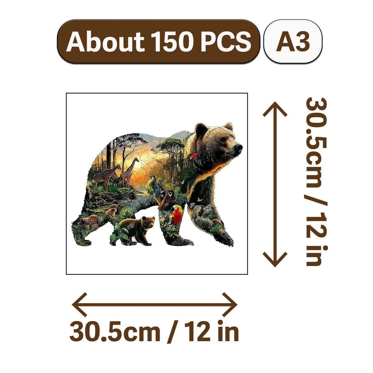 A jigsaw puzzle depicting a bear and various other animals on a wooden board.