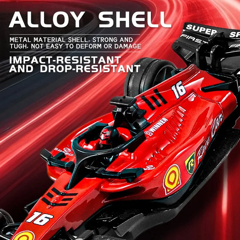 Red alloy shell of an impact-resistant racing car model with the number 16 visible.