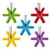 A set of five silicone steering wheel teethers in various colors including green, red, yellow, blue, and purple.