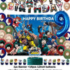 A set of hero-themed birthday party decorations including a backdrop, balloons, cake toppers, and a number balloon.