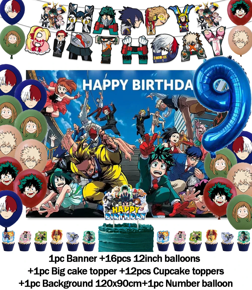 A set of hero-themed birthday party decorations including a backdrop, balloons, cake toppers, and a number balloon.