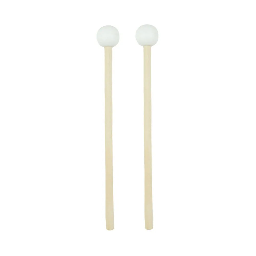 A pair of wooden handpan drum mallets with white silicone tips.