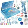 A blue advent calendar box featuring mermaid-themed jewelry, including a necklace, earrings, and other accessories.