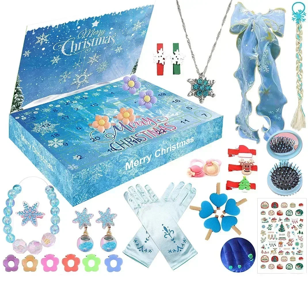 A blue advent calendar box featuring mermaid-themed jewelry, including a necklace, earrings, and other accessories.