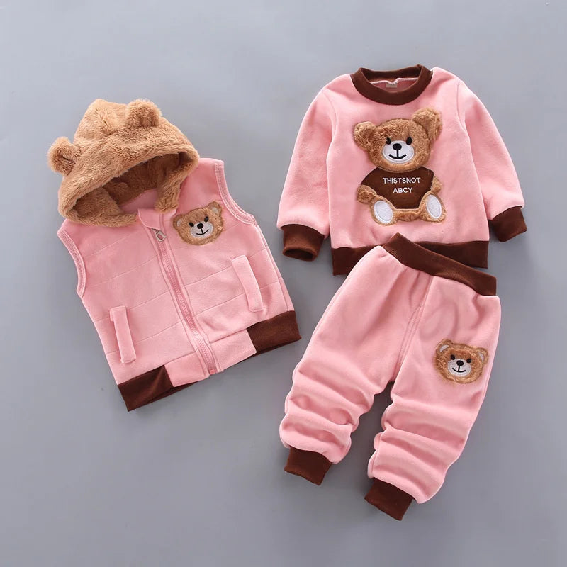 Pink kids winter fleece sweater set with brown bear designs for a child