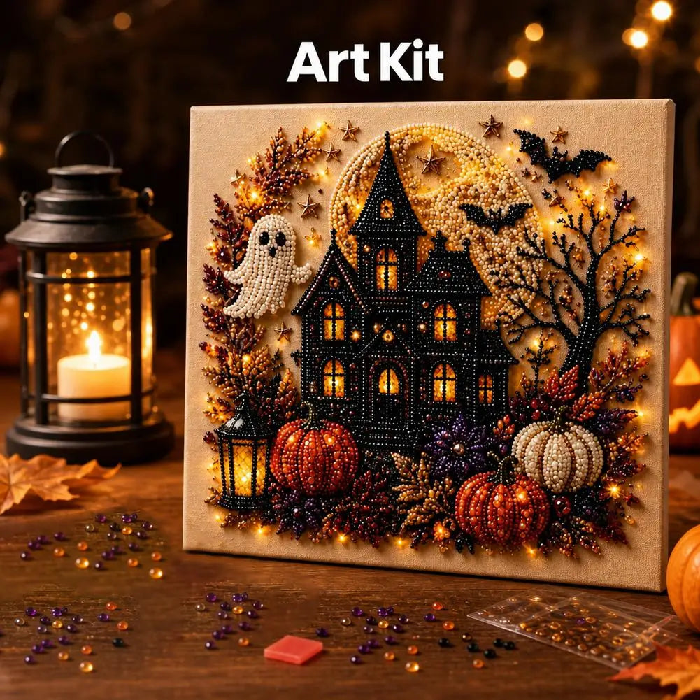 An Art Kit featuring a diamond painting design of a spooky house surrounded by autumn foliage and glowing lights.