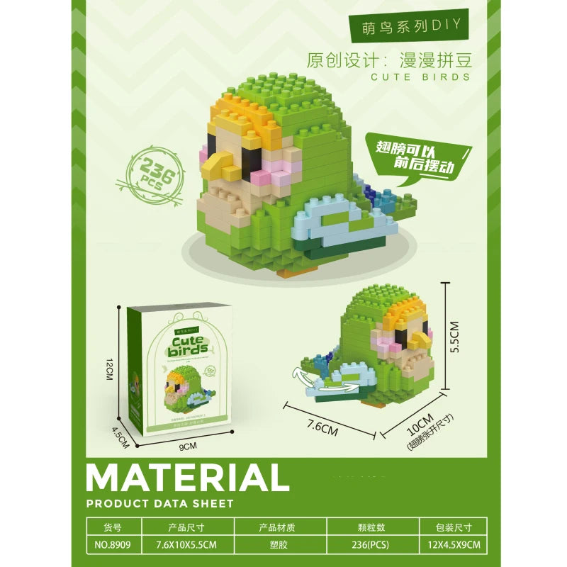 A set of DIY cute birds building blocks featuring a green parrot with yellow accents and blue details.