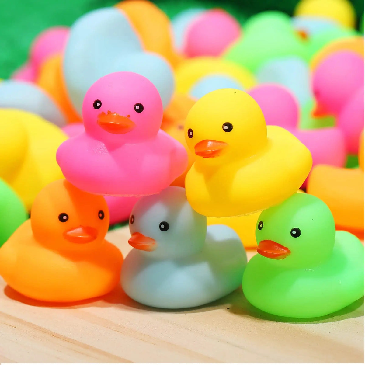 Assorted mini silicone rubber ducks in various bright colors like pink yellow and green