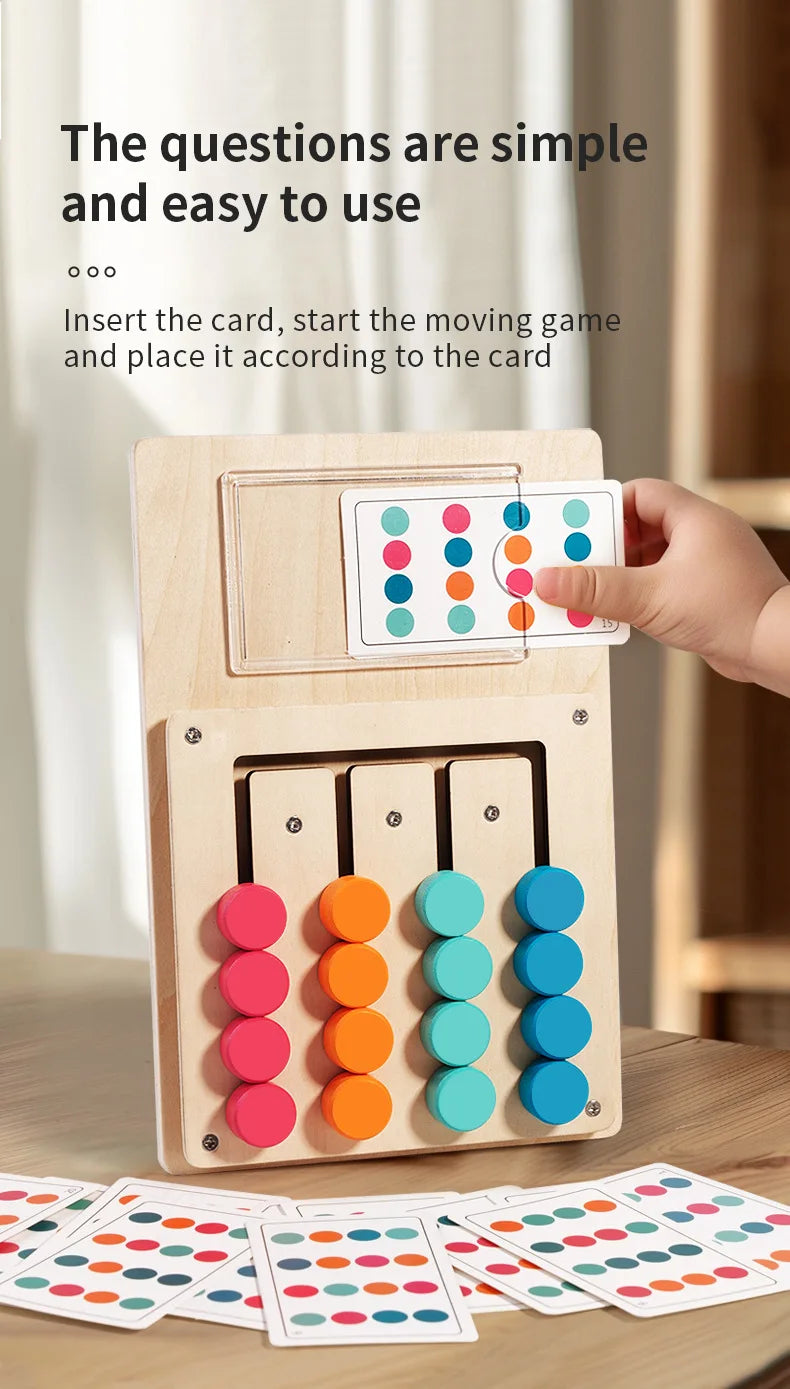 A wooden color matching puzzle game with cards and a mechanism for playing.