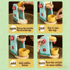 A set of wooden kitchen play tools showing steps to open, put into a cup, add coffee beans, and turn a switch to make coffee.
