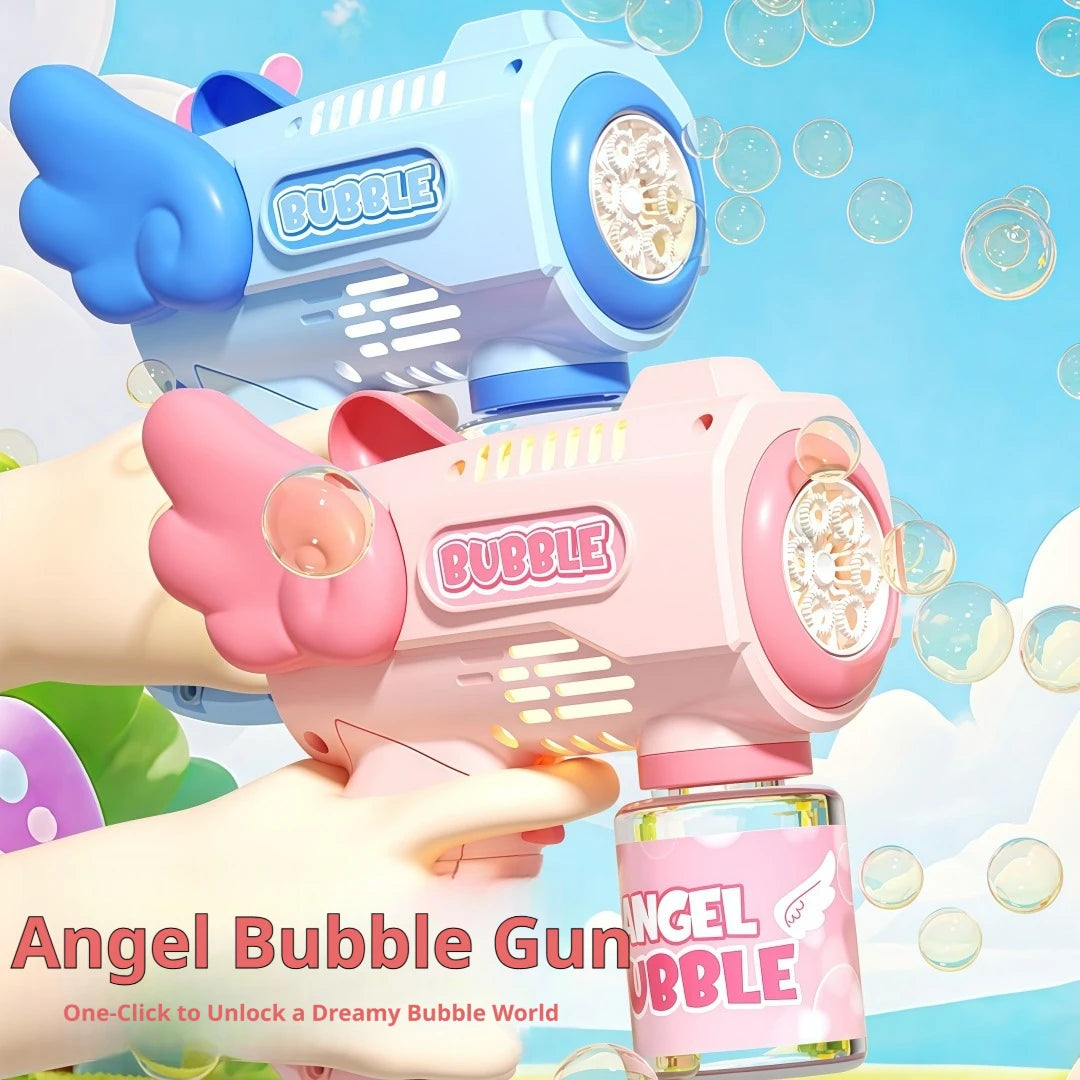 A hand holds a pink bubble gun, ready to shoot bubbles against a bright blue sky.