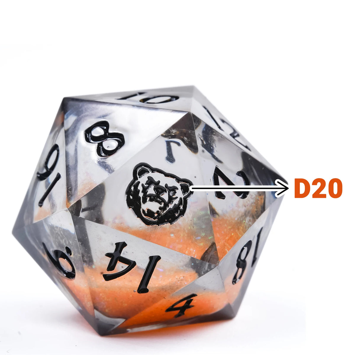 A translucent gray polyhedral die labeled D20 is shown against a white background.