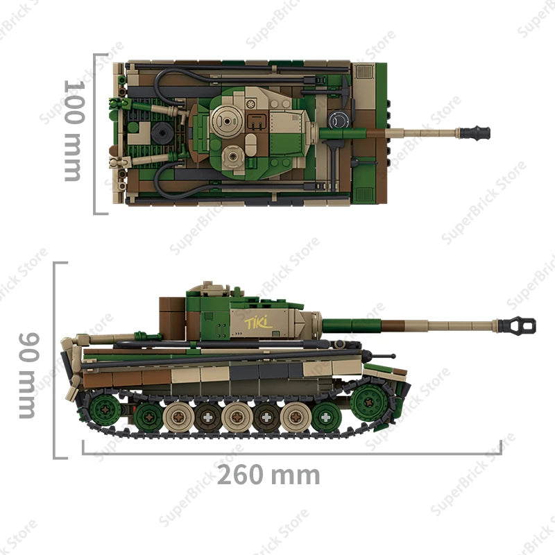 A detailed military vehicle kit of a Tiger I tank model built from green and brown LEGO-style building blocks.
