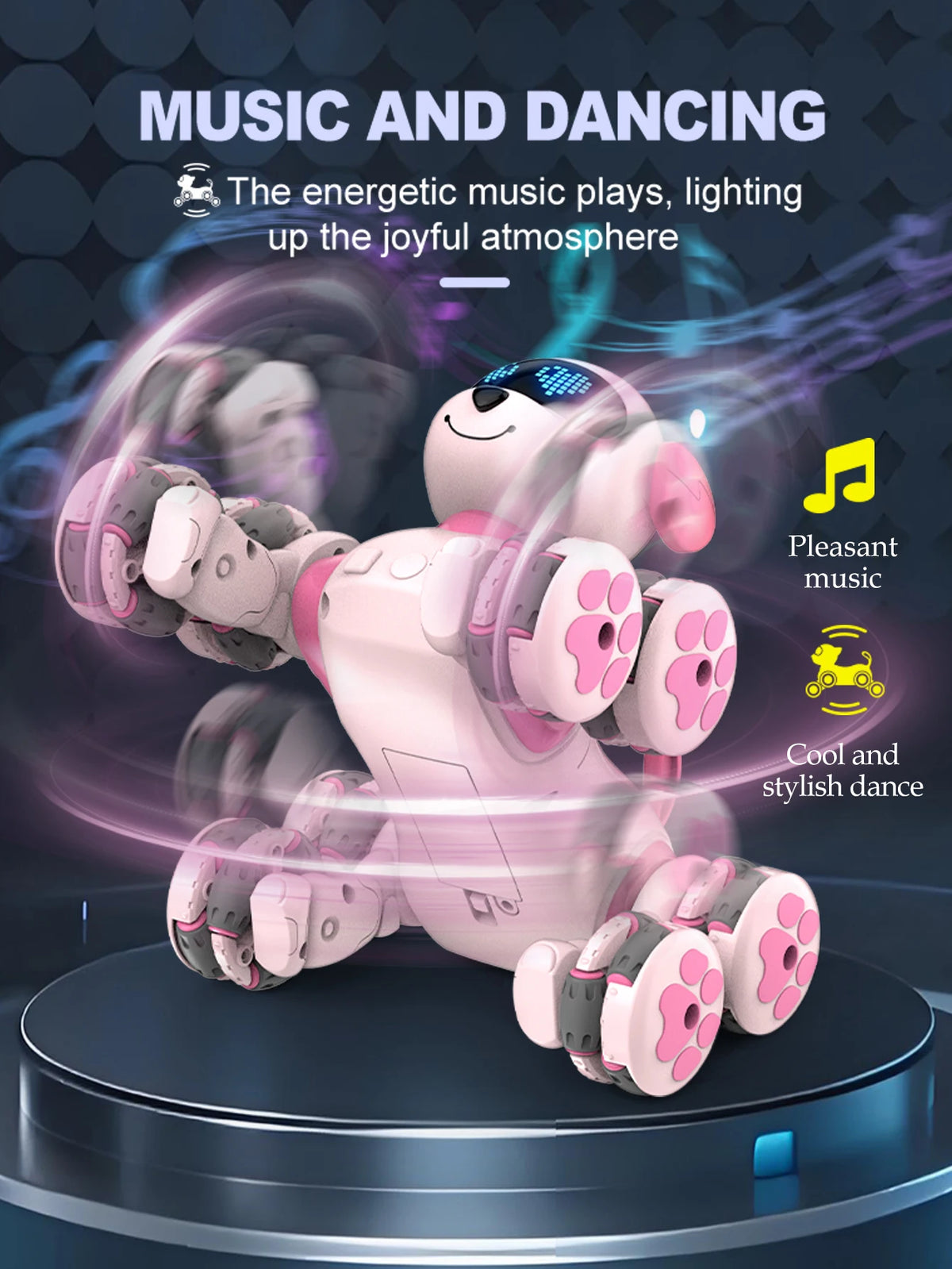 A pink remote control stunt robot dog with 8 wheels is shown performing a dance on a dark surface.