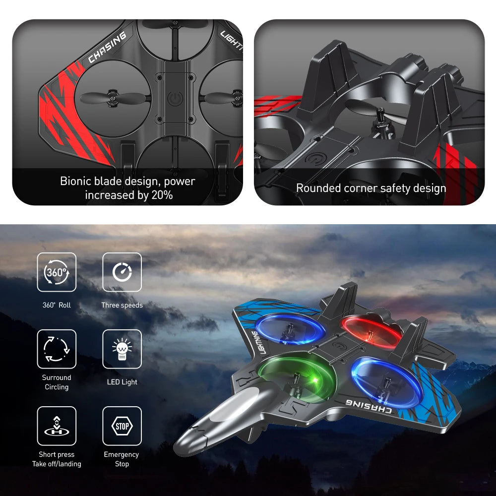 Silbriger intelligenter, fester Höhen-Hover-Drohne mit LED-Licht und abgerundeten Ecken für die Sicherheit.