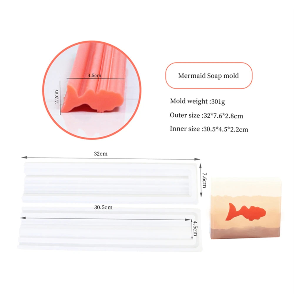 A set of silicone mermaid soap molds and a rectangular mold for making soaps or candles.
