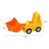 A yellow city traffic vehicle building block set featuring a truck with an orange scoop and a bus.