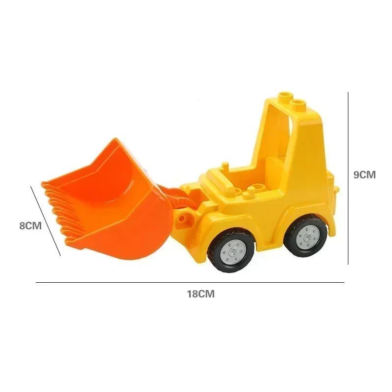 A yellow city traffic vehicle building block set featuring a truck with an orange scoop and a bus.