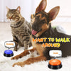 A brown dog and a tabby cat are shown with recording buttons labeled Outside and Walk, demonstrating the talking button produ