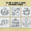A collection of 52 big and bold easy coloring pages featuring designs like a butterfly, an umbrella, a turkey, a mug, and a h
