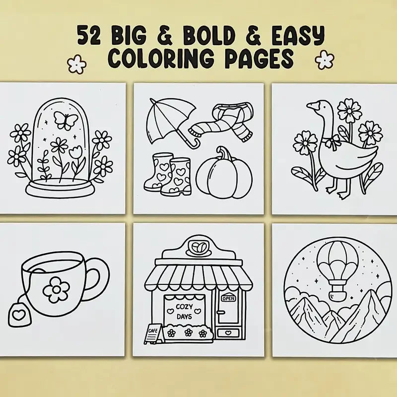 A collection of 52 big and bold easy coloring pages featuring designs like a butterfly, an umbrella, a turkey, a mug, and a h