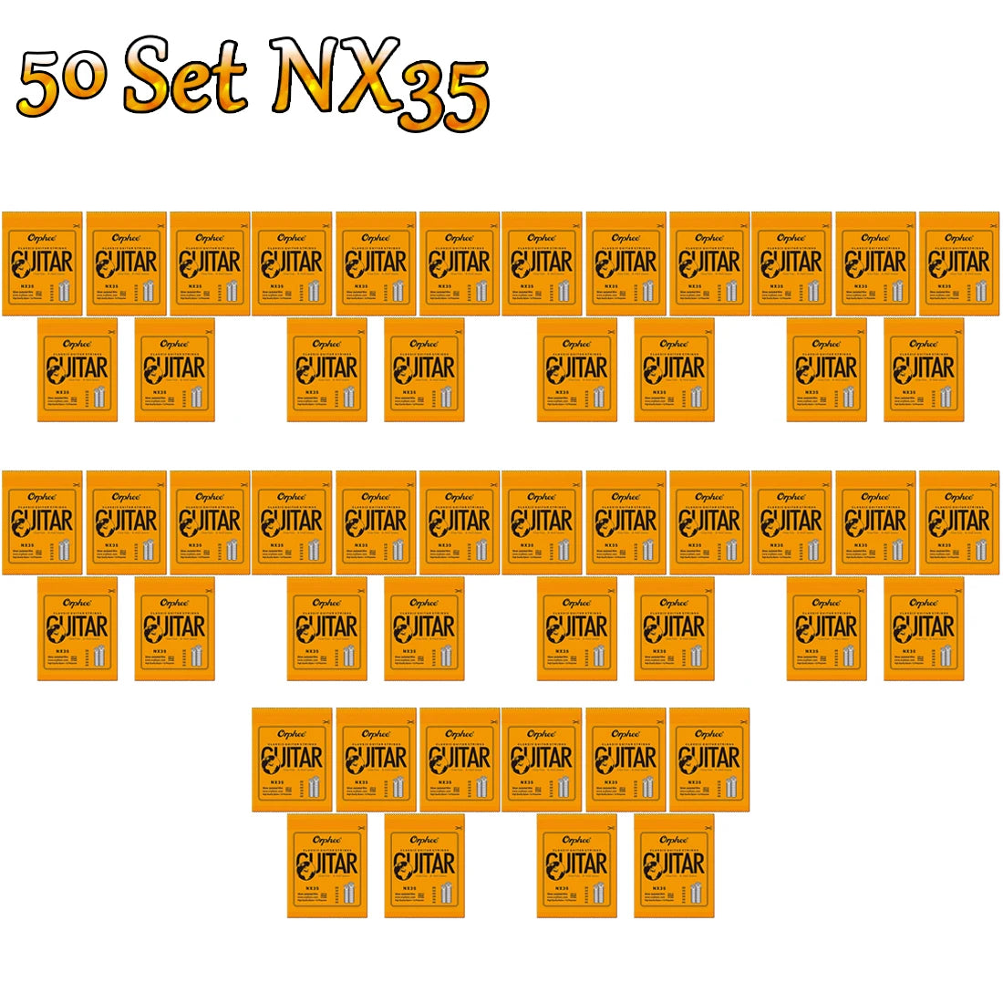 A set of 50 guitar strings labeled NX35 are displayed in various packaging formats.