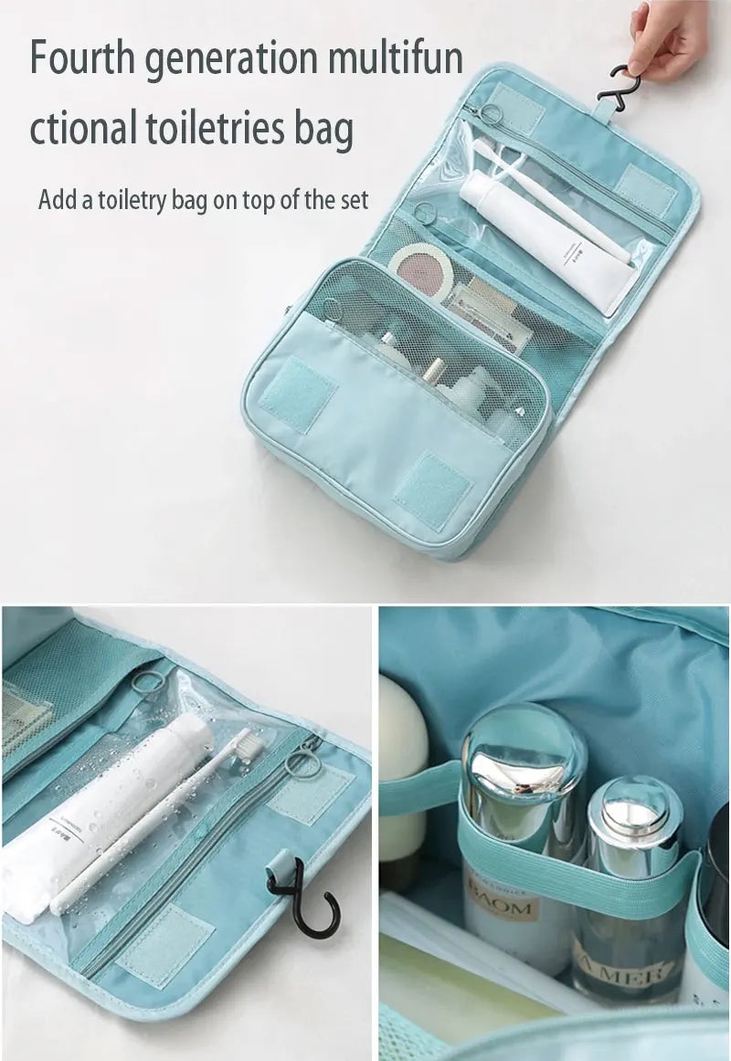 A light blue multifunction toiletry bag with an open compartment showing various toiletries and accessories.