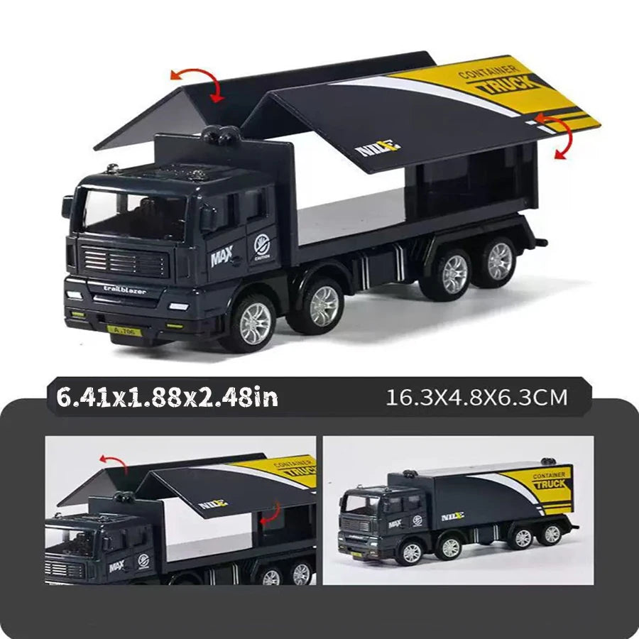 A black pull-back container truck toy with a yellow roof for kids