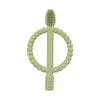A soft silicone baby teether with easy-grip handles in a light green color.